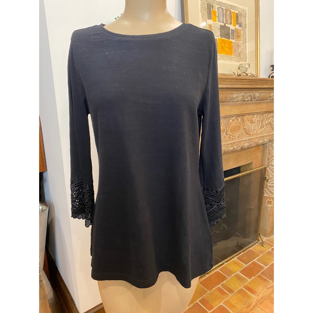 Charter Club Womens PM Black Cotton Long Sleeve Top Lace Crochet Cuffs PM